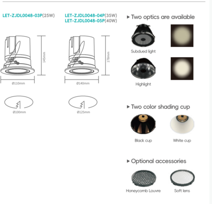 Recessed adjustable spotlight Input Voltage:220V-240V  Size:110*145mm/140*178mm  Cut out:100mm/125mm  CRI≥92  Color tolerance≤4SDCM  Beam Angle:15°/24°/38°  Power:25W/35W/40W  Luminous Flux:60 lm/w