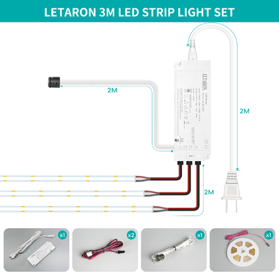 LETARON COB LED Strip Light 24V LED Tape Light,480 pcs/M LEDs,Super Bright High Lumen 6000K  White 3m,Dimmable with 3M Tape,30W UL Power Supply,TOUCH SWITH for Bedroom,Home,Kitchen DIY
